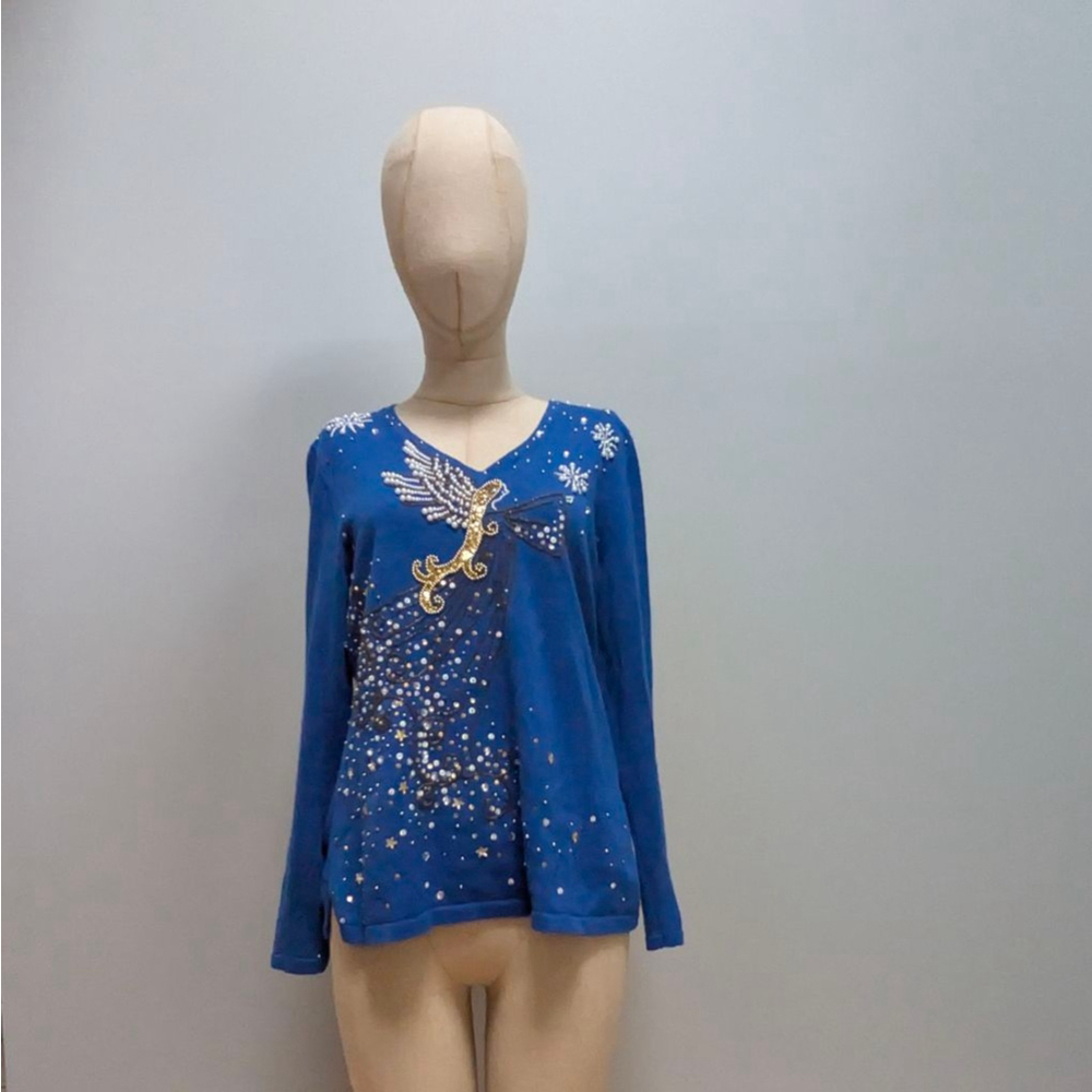 Berek Vintage Blue with Gold Angel Embellishment V-Neck Sweater - Medium - Picture 2 of 10